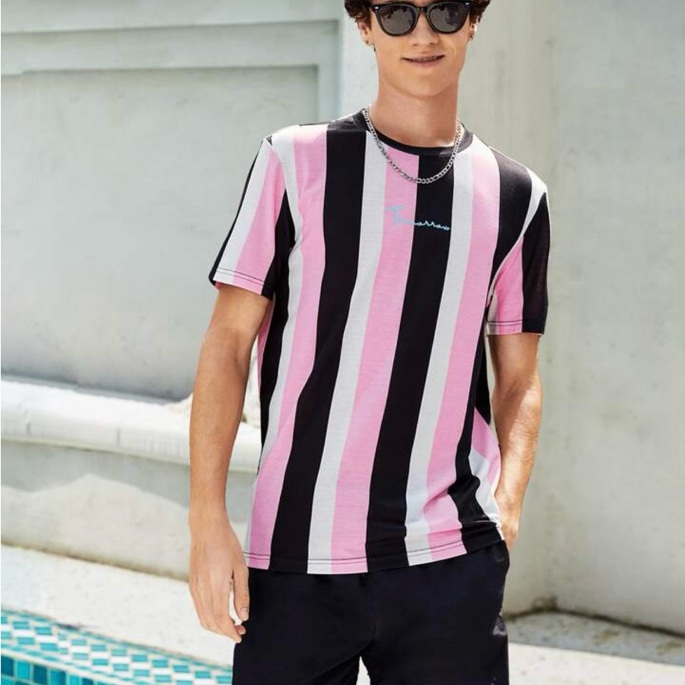 Manfinity Sporsity Block Striped Letter Graphic Tees Red Blue Pink White Black